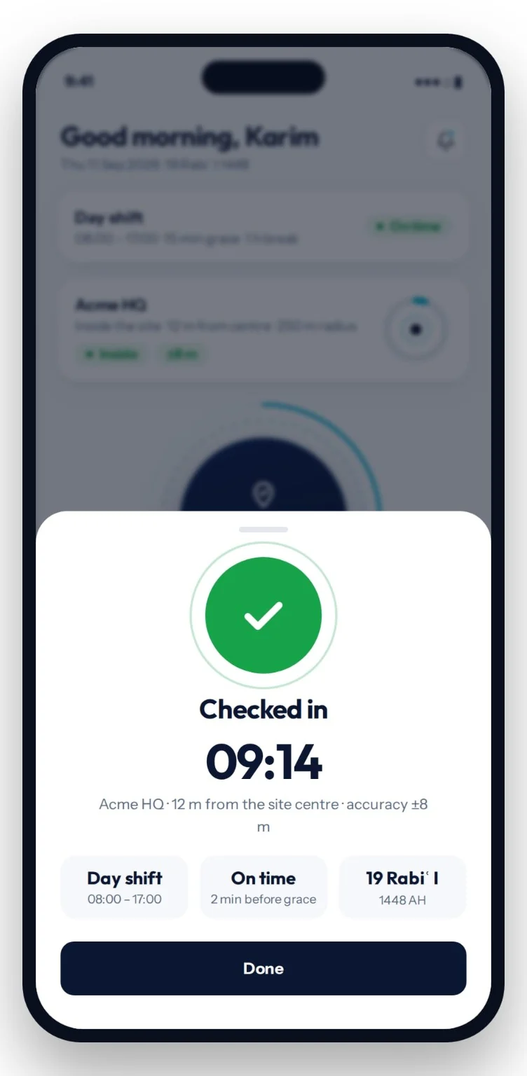 AttendanceIQ mobile screen confirming successful check-in with time, shift, and site details