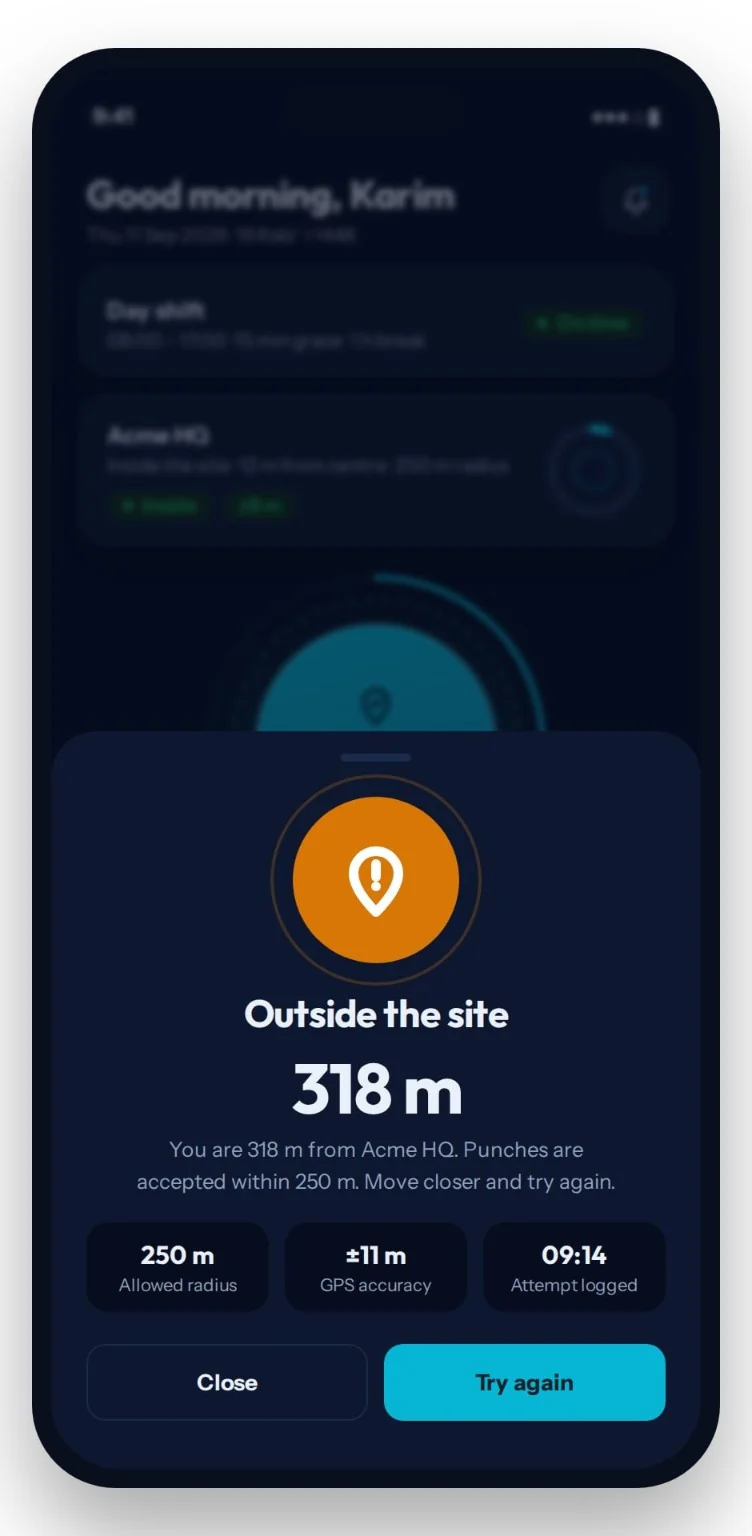 AttendanceIQ mobile screen showing an outside-site attendance attempt with distance, allowed radius, and retry action