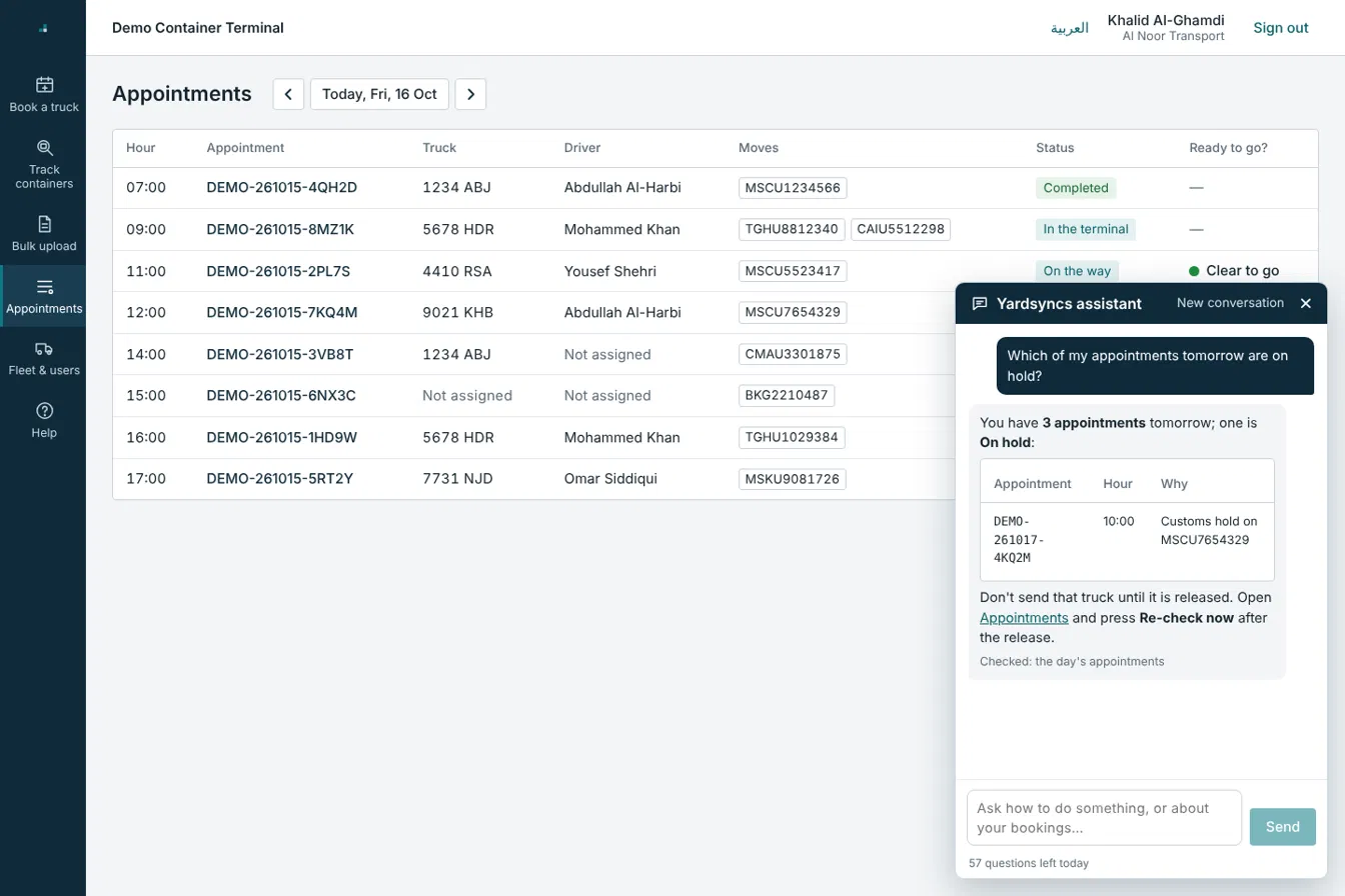 Yardsyncs appointments screen with assistant identifying a customs hold